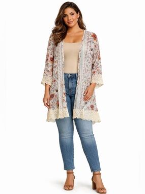 Mason & Belle Boho Floral Kimono Cardigan Lace Trim Open Front Sz. X-Large